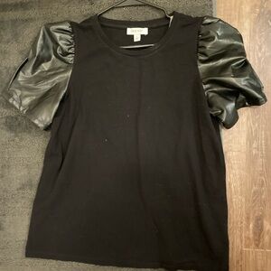 Nine West Black Puff Sleeve Tee with Faux Leather Accents